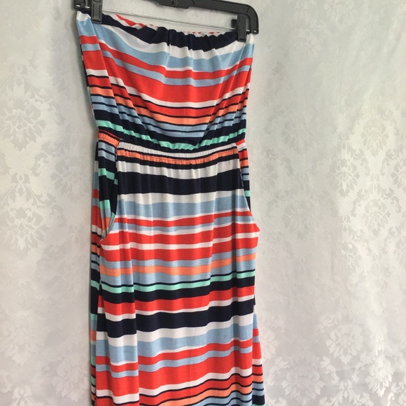 NWT Blue Red Orange Striped Strapless Maxi Dress - Picture 1 of 7